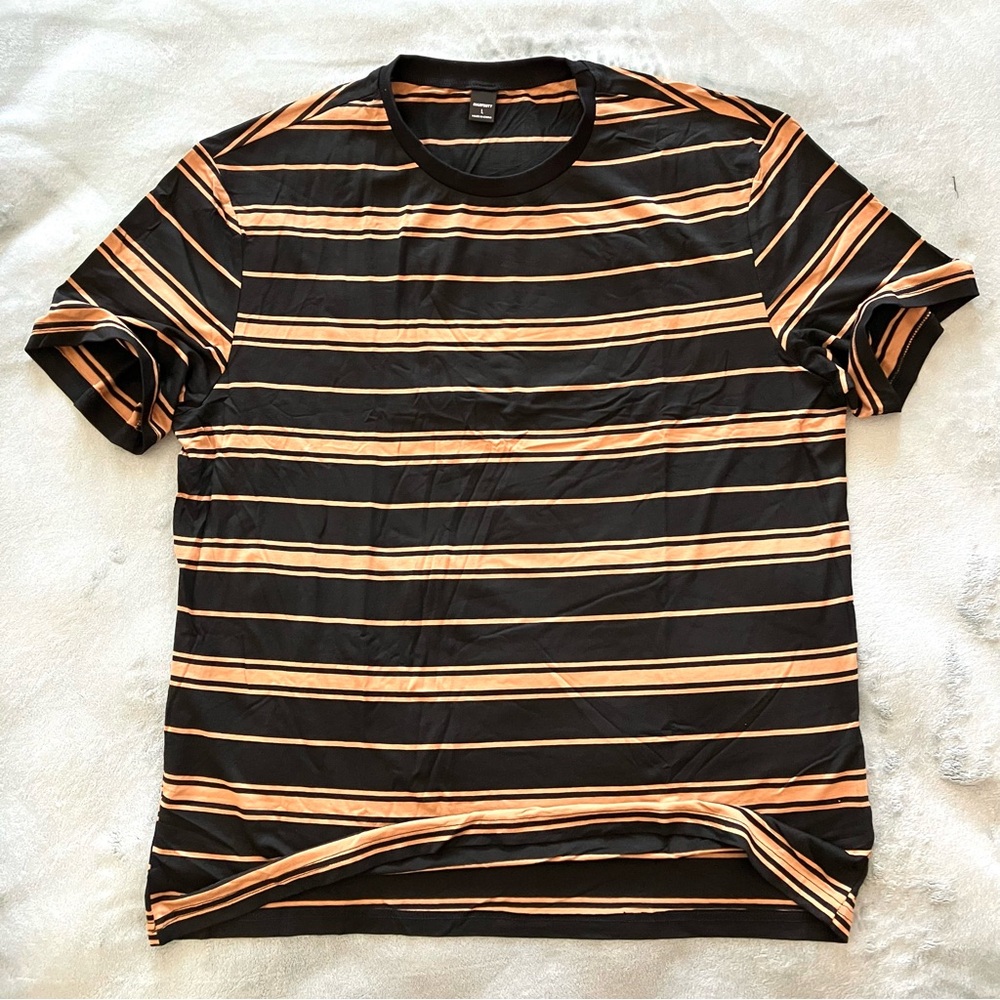 NEW mens MANFINITY black striped crewneck stretchy short sleeve T shirt - Picture 2 of 6